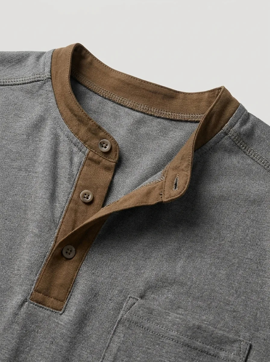 Close-up of the mandarin collar, horn-style buttons and tan trim detailing on the henley placket and chest pocket