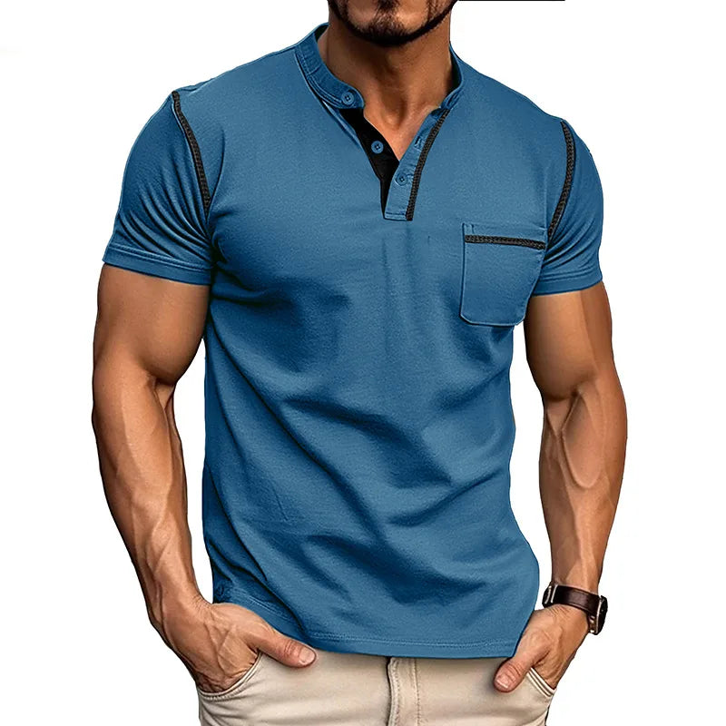 Front view in teal blue highlighting the mandarin collar, button placket and dark contrast stitching