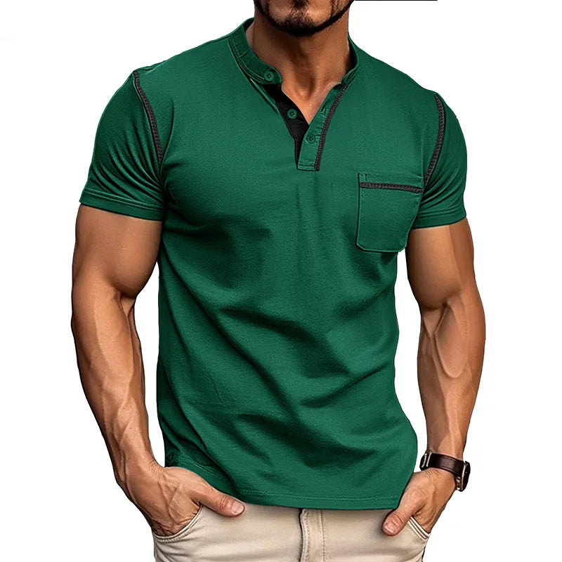 Front view in deep green showing the slim fit, chest pocket and contrast stitched seams
