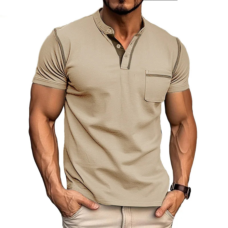 Front view in beige showing the mandarin collar, button placket and contrast stitched shoulder seams