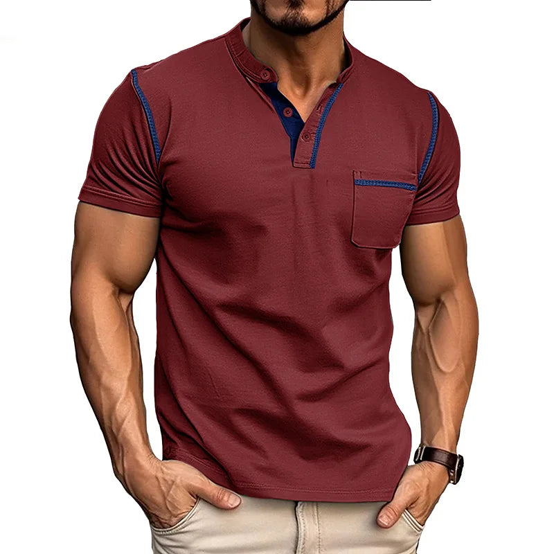 Front view in deep red showing the contrast navy stitching along the collar, placket and pocket