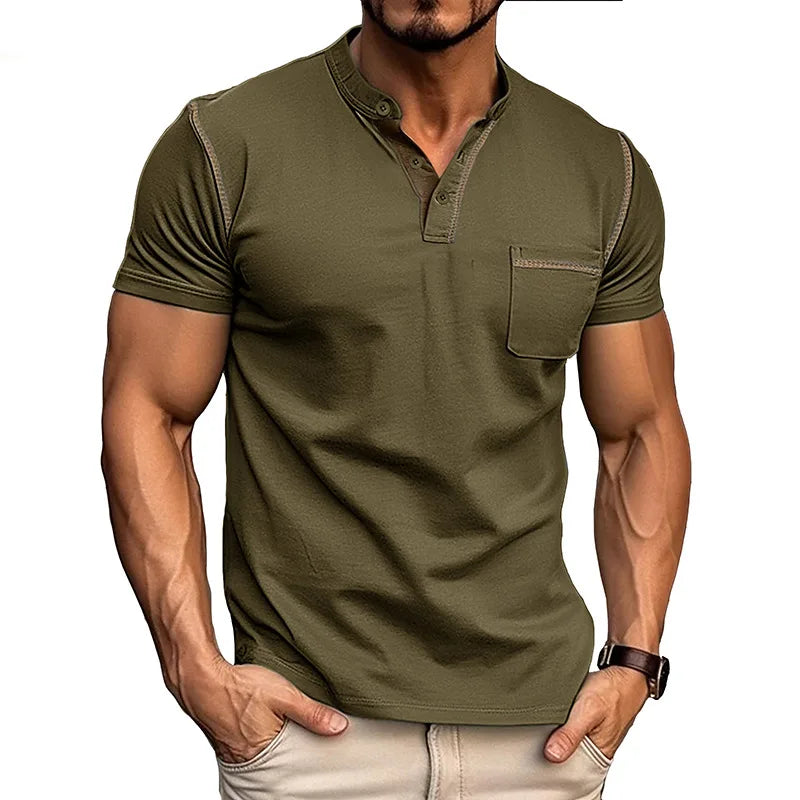 Front view in khaki green showing the slim-fit cut, chest pocket and contrast topstitching detail