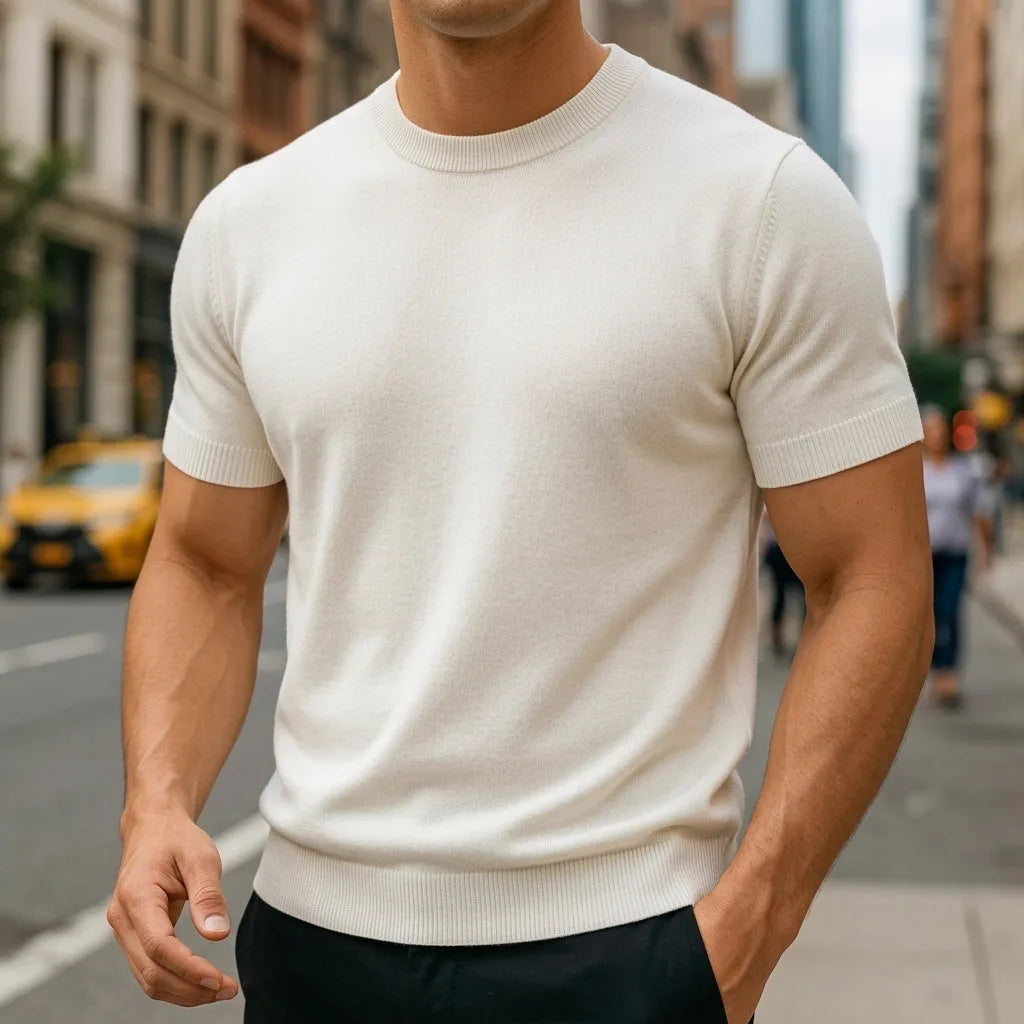 Close-up of a man wearing a cream white short-sleeve knitted T-shirt with ribbed crew neck on a city street