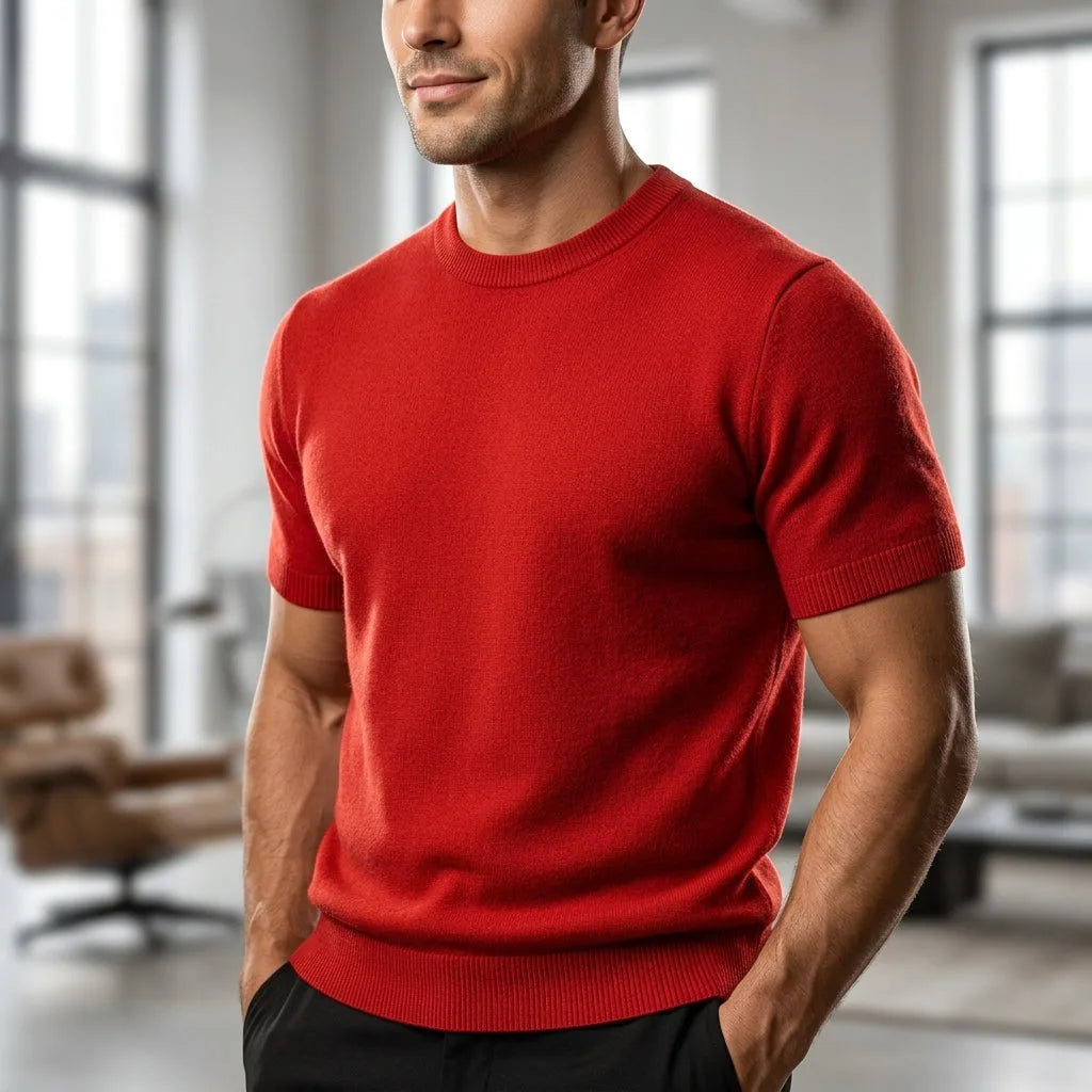 Side-on view of a man wearing a red short-sleeve knitted T-shirt with ribbed collar in a bright loft setting