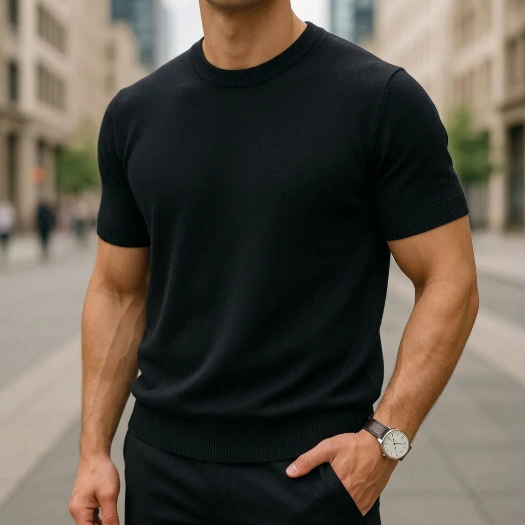 Close-up of a black short-sleeve knitted T-shirt with ribbed crew neck and cuffs, paired with a wristwatch
