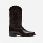 Side profile of a dark brown leather cowboy boot with tonal stitched shaft and a classic block heel