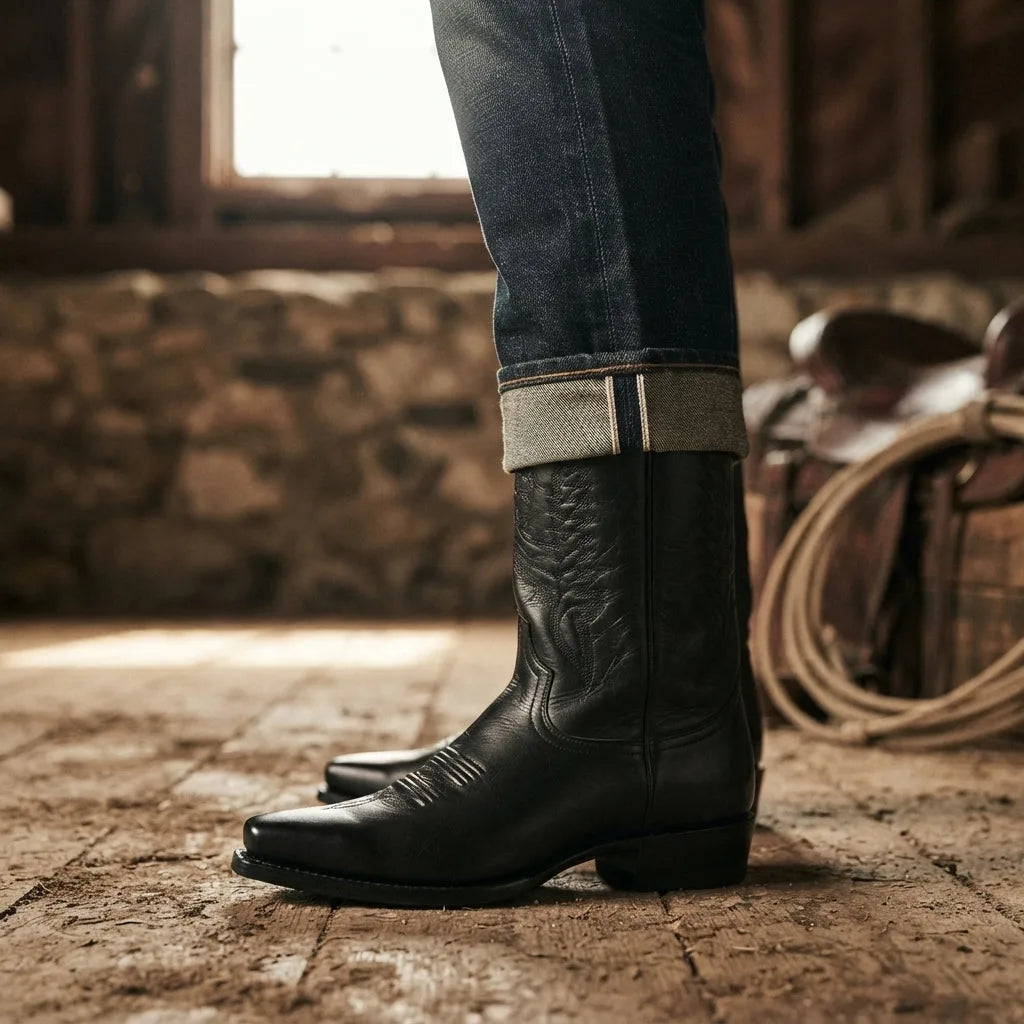 Model wearing black leather cowboy boots with cuffed denim jeans, standing on a wooden floor in a barn setting