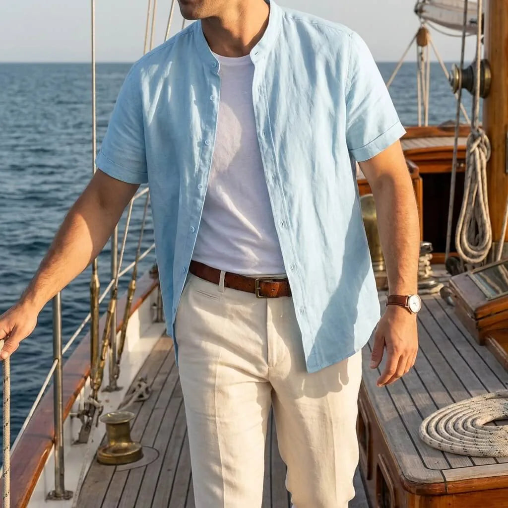 Man wearing a powder blue linen short sleeve shirt open over a white tee on a boat deck