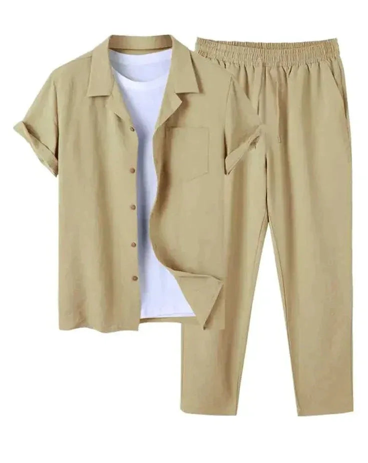 Khaki linen short-sleeve shirt and matching trousers set, shirt unbuttoned over a white tee, flat lay view
