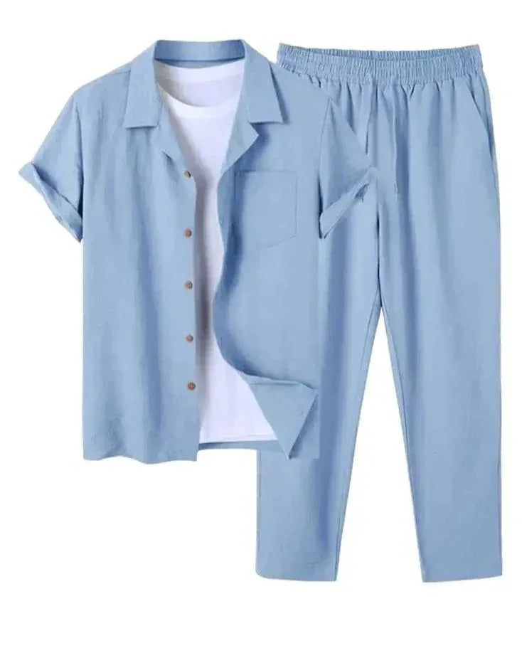 Light blue linen shirt and trouser set with chest pocket, shown open over a white t-shirt on a flat lay