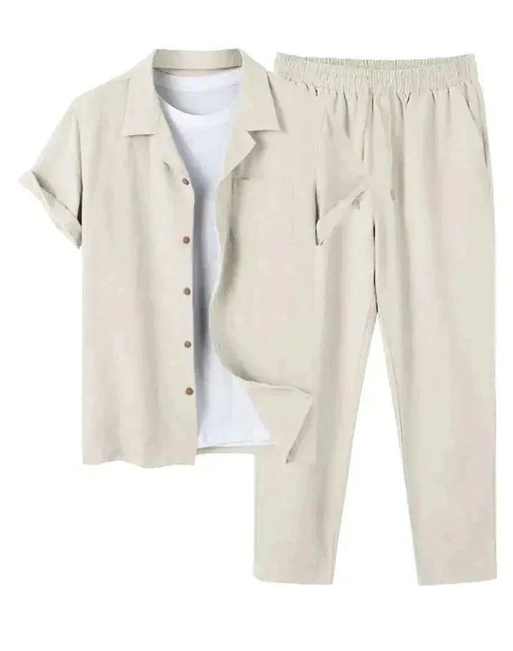 Stone beige linen short-sleeve shirt and elastic-waist trousers set, styled with a white t-shirt underneath
