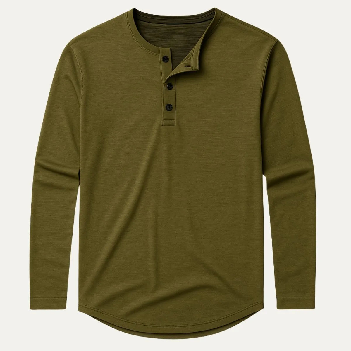 Flat lay of olive green long sleeve henley shirt with four-button placket and curved hem