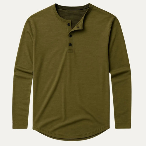 Flat lay of olive green long sleeve henley shirt with four-button placket and curved hem