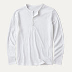 Flat lay of white long sleeve henley shirt with matching button placket and crew-style collar