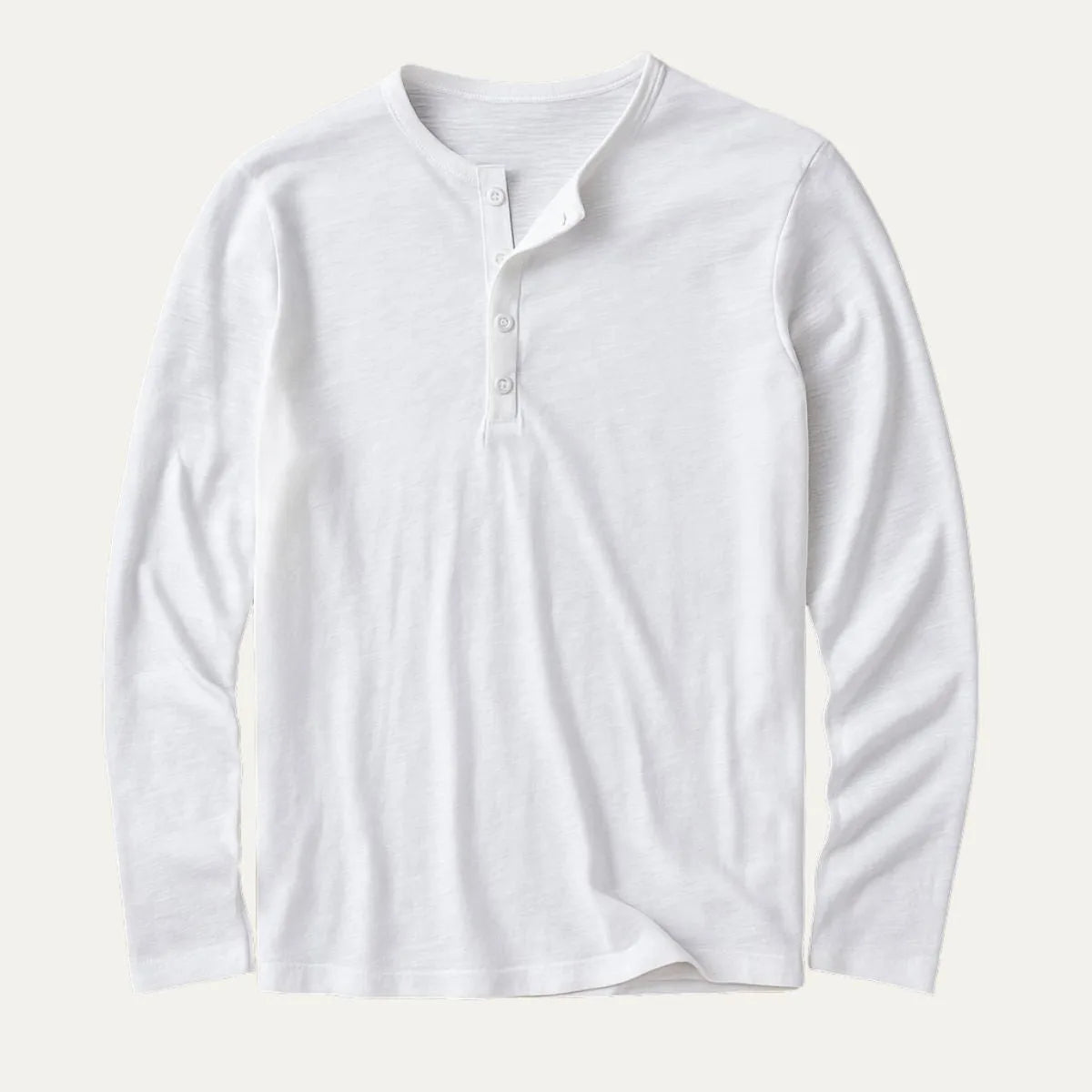 Flat lay of white long sleeve henley shirt with matching button placket and crew-style collar
