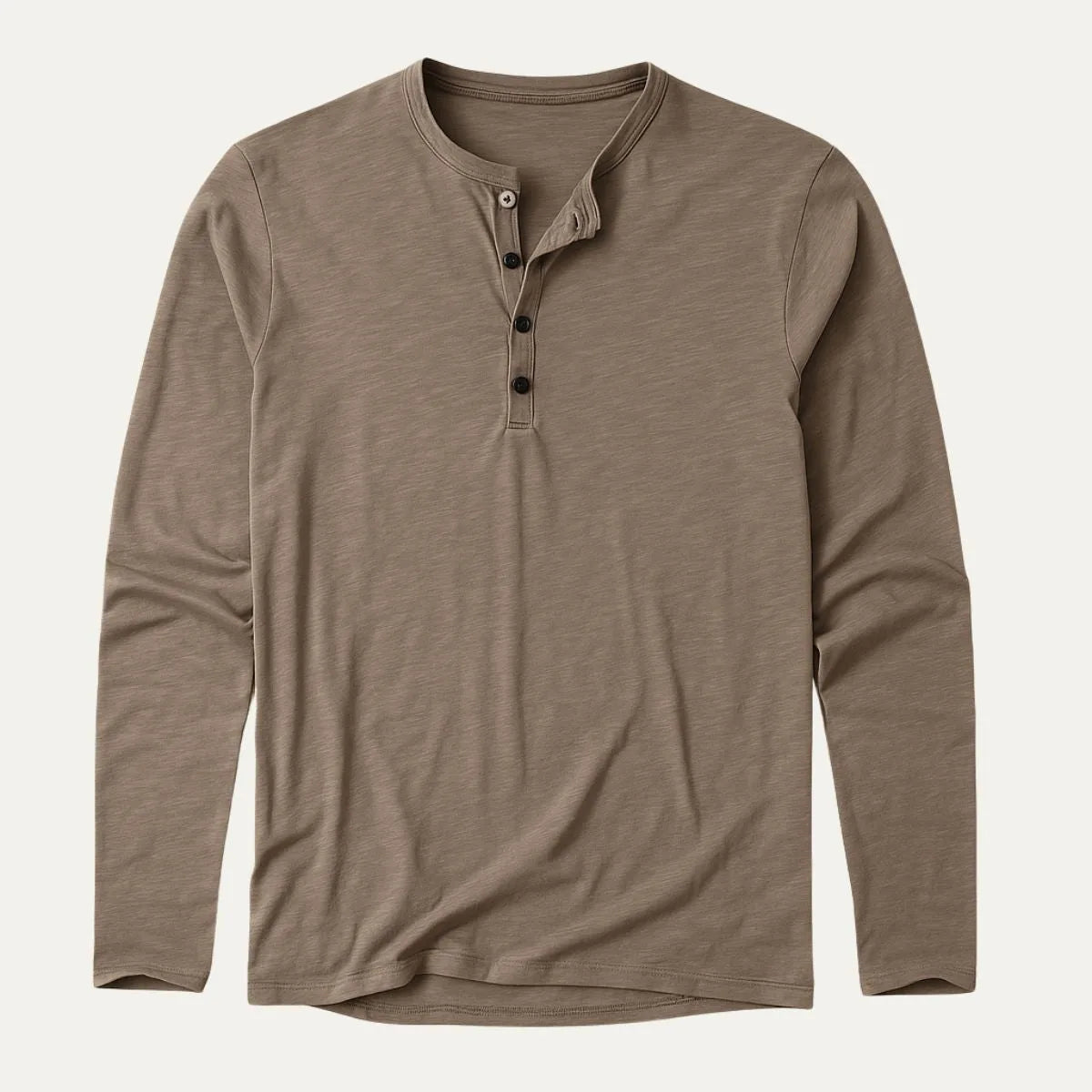 Flat lay of khaki brown long sleeve henley shirt with four-button front closure