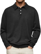 Close-up front view of charcoal heathered long-sleeve polo top with white buttons and ribbed cuffs