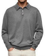 Man modelling medium grey heathered long-sleeve polo with classic collar and banded hem