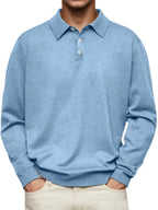 Light blue heathered long-sleeve polo shirt shown from the front with white three-button placket