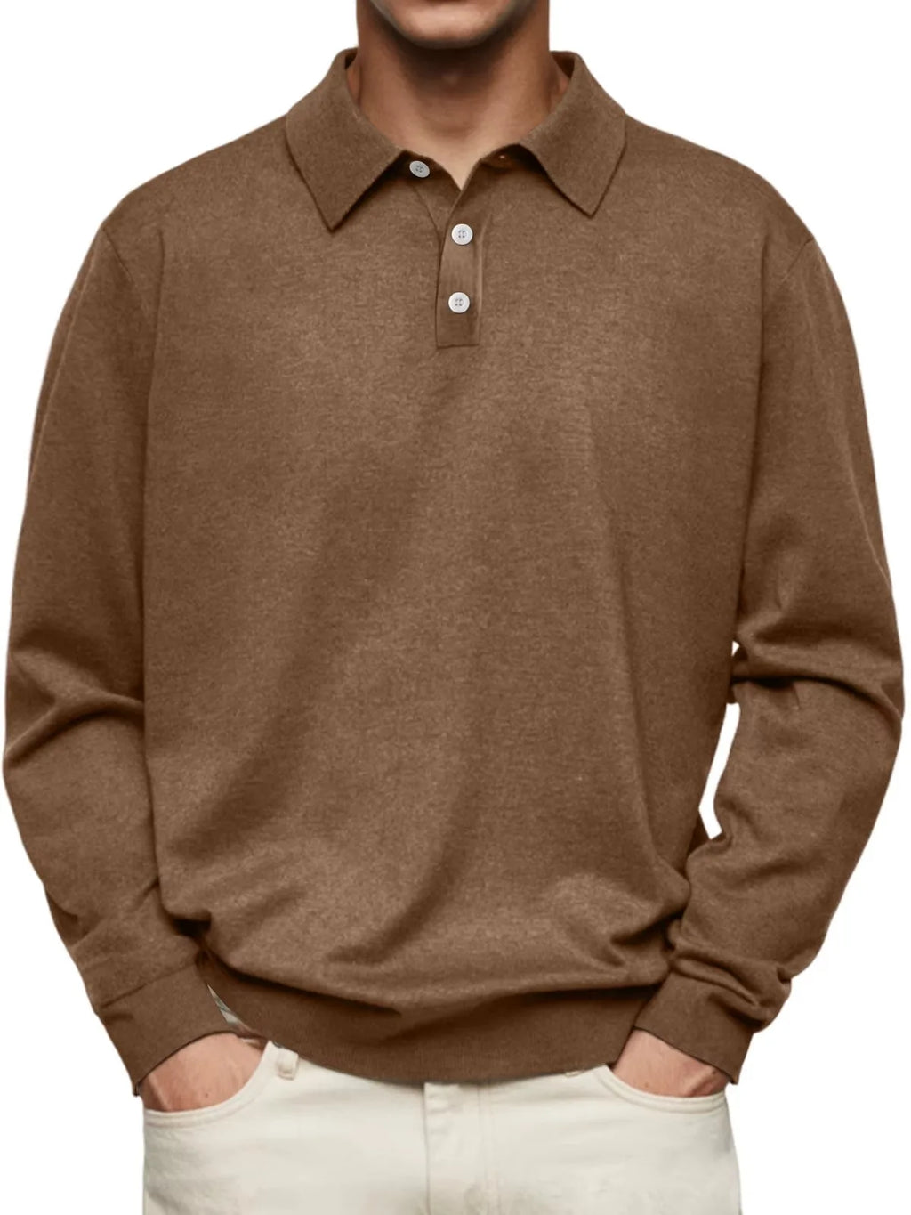 Brown heathered long-sleeve polo jumper styled with cream denim, front detail of collar and cuffs
