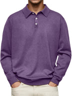 Purple heathered long-sleeve polo top with classic point collar and white button placket, front view