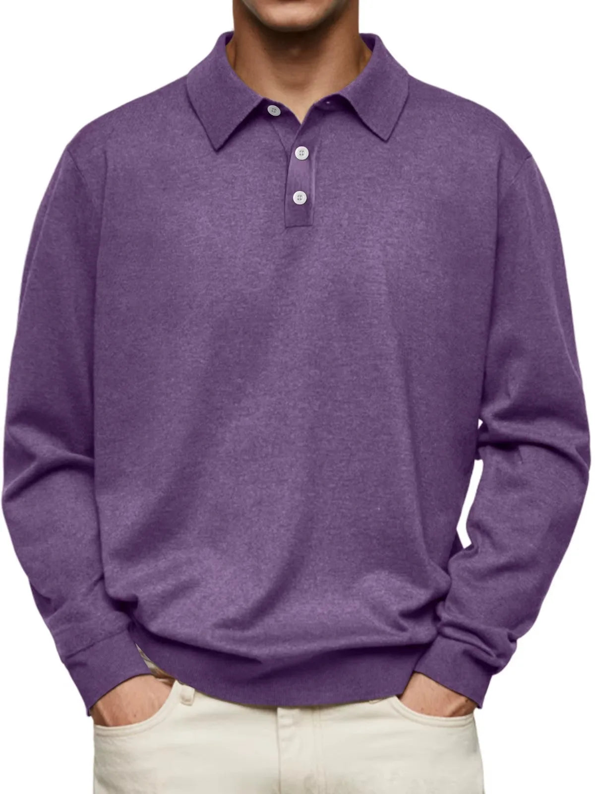 Purple heathered long-sleeve polo top with classic point collar and white button placket, front view