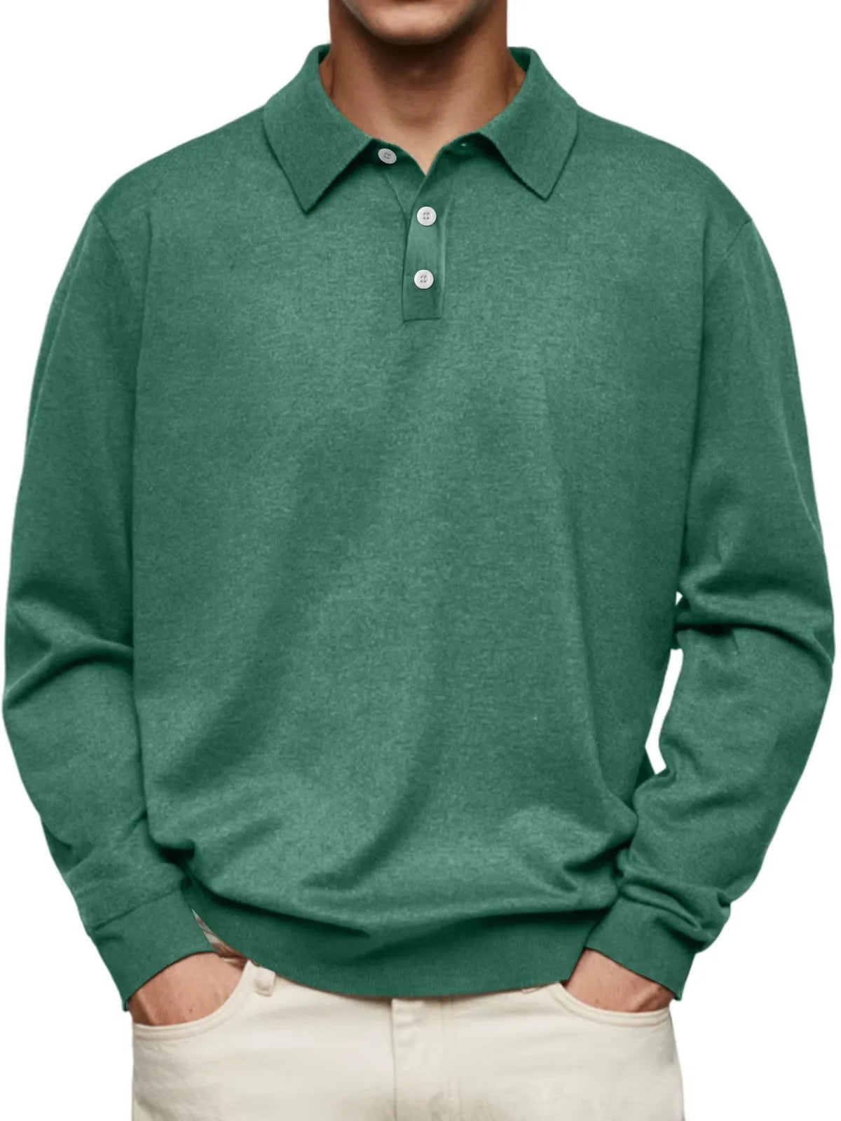 Green heathered long-sleeve polo shirt with ribbed hem and cuffs, worn with cream jeans