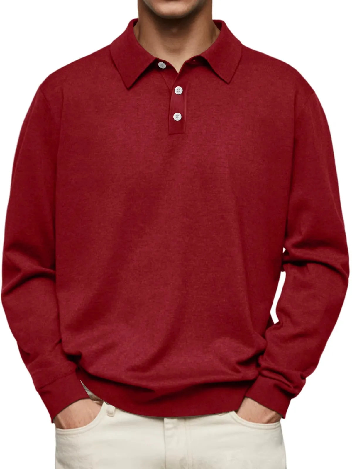 Deep red heathered long-sleeve polo top shown front-on with white buttons and fitted ribbed cuffs