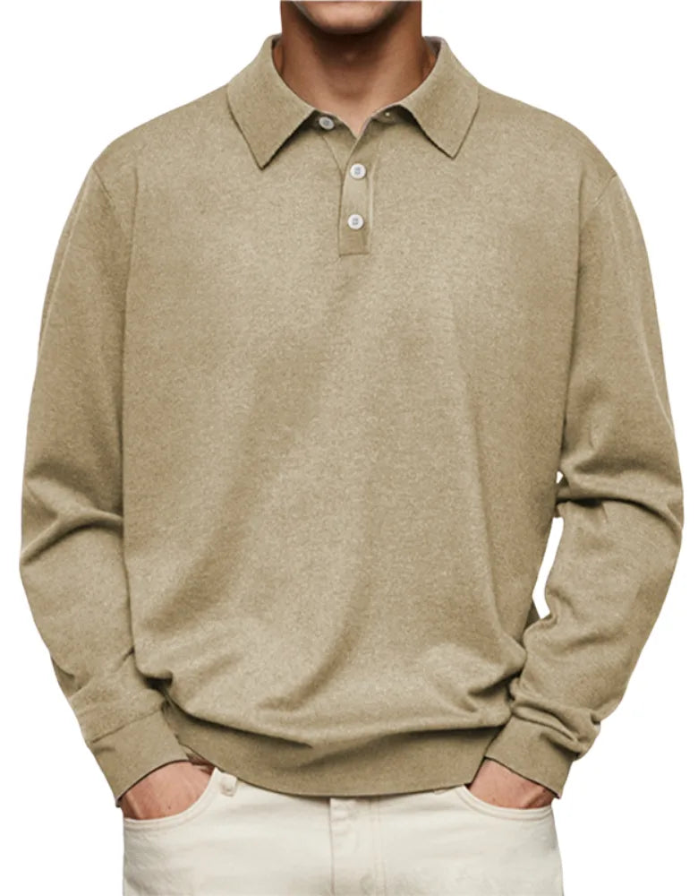 Close view of polo collar and button placket showing soft knit texture and stitching detail
