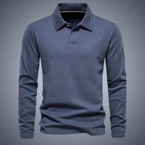 Slate blue long-sleeve polo shirt, front view, showing ribbed collar, button placket and embroidered logo detail