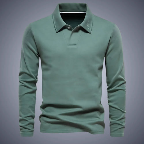 Sage green long-sleeve polo shirt with classic collar and two-button placket, shown against a grey backdrop