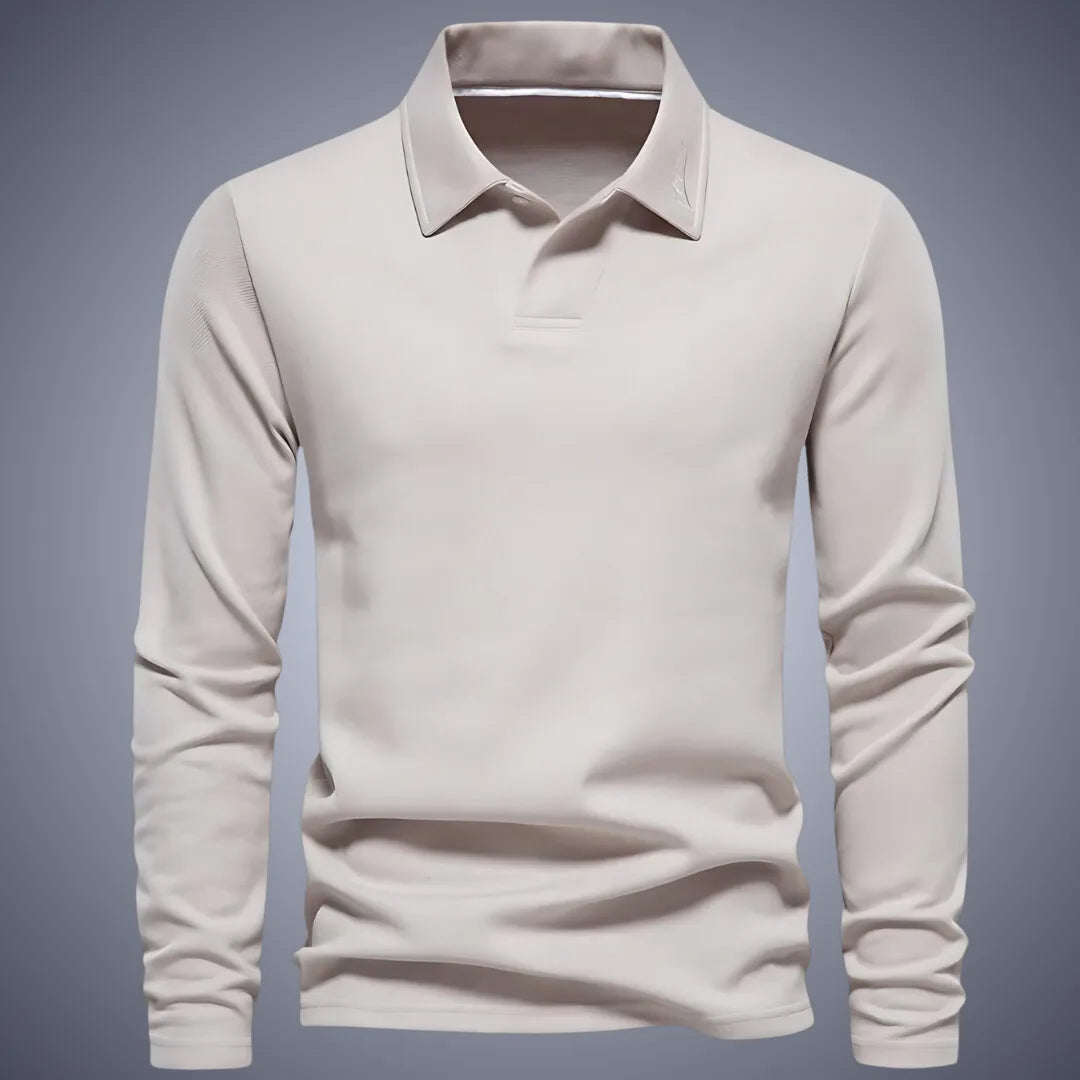 Beige long-sleeve polo shirt, front view, highlighting the smooth pique fabric and tonal stitching