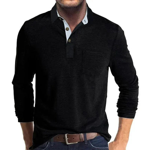 Front view of a man wearing a black long-sleeve polo shirt with white and black contrast collar detail and chest pocket