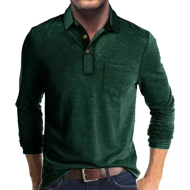 Close-up of the contrast two-tone collar and button placket detail on the teal polo shirt