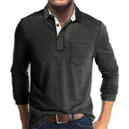 Man adjusting the sleeve cuff of the khaki long-sleeve polo shirt, showing fabric texture