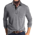 Front torso view of the dark brown polo shirt emphasising the patch chest pocket construction