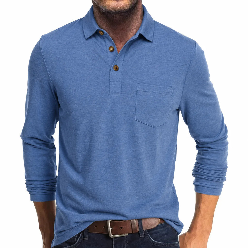 Close-up of the stitched chest pocket and heathered fabric texture on the beige polo shirt