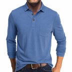 Close-up of the stitched chest pocket and heathered fabric texture on the beige polo shirt