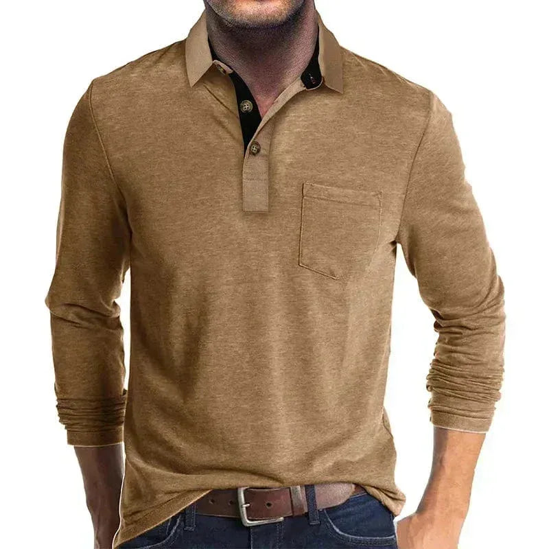 Close-up front view of a khaki tan long-sleeve polo shirt showing ribbed collar and patch chest pocket