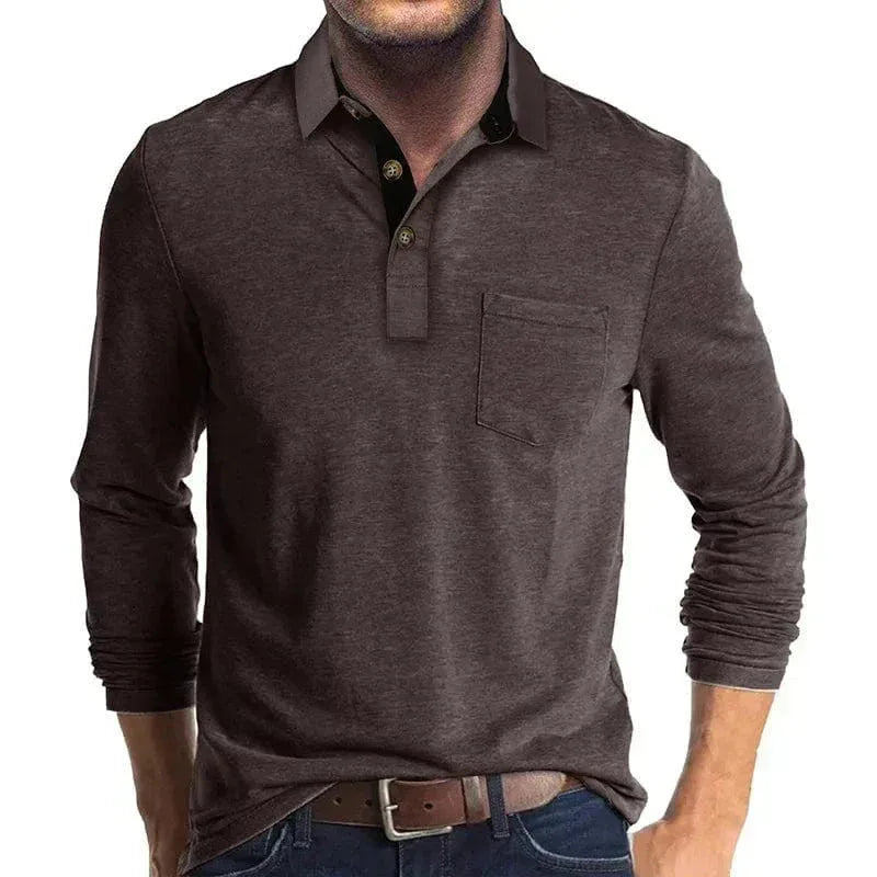 Man wearing a dark brown long-sleeve polo shirt with contrast collar trim and wooden-style buttons
