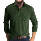 Olive green long-sleeve polo shirt shown on a model with classic collar and front chest pocket