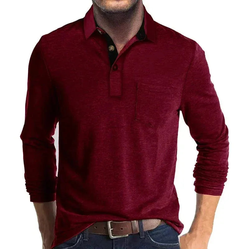 Burgundy red long-sleeve polo shirt with contrasting dark collar detail and three-button placket