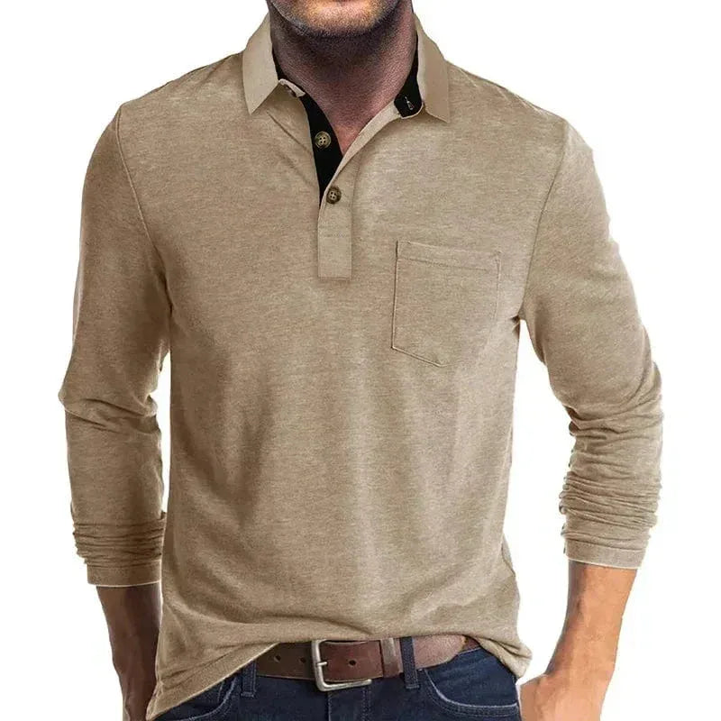 Light taupe beige long-sleeve polo shirt with contrast collar trim, worn with a brown leather belt and jeans