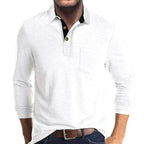 Side-angled view of the black long-sleeve polo shirt highlighting the sleeve length and collar shape