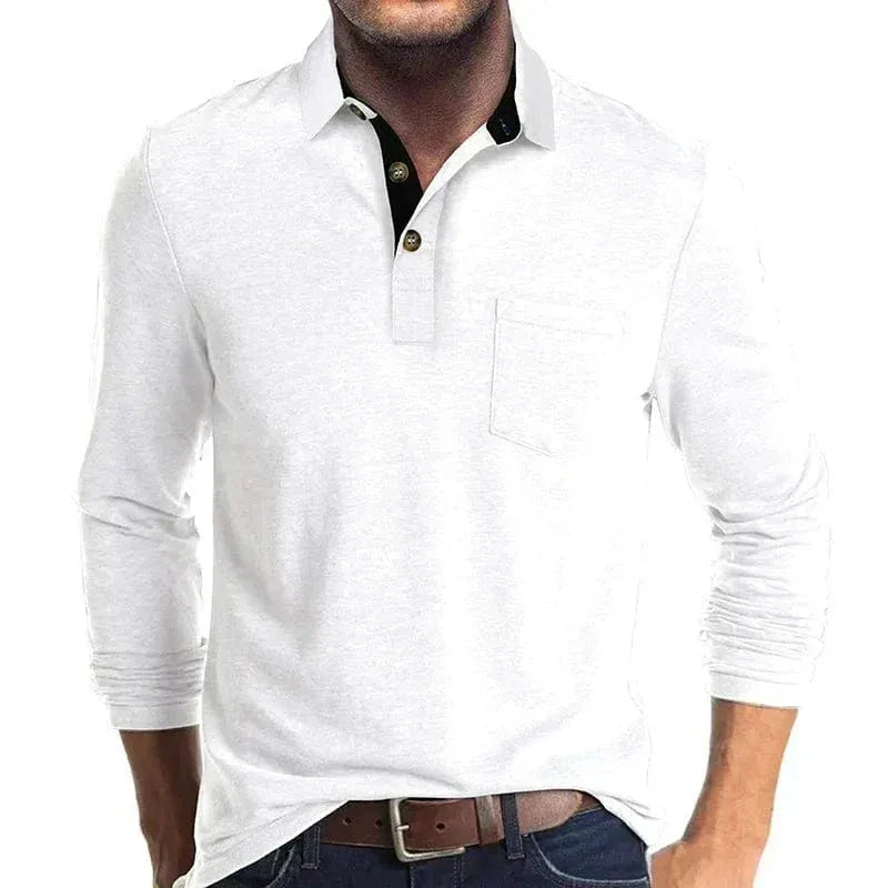 Side-angled view of the black long-sleeve polo shirt highlighting the sleeve length and collar shape
