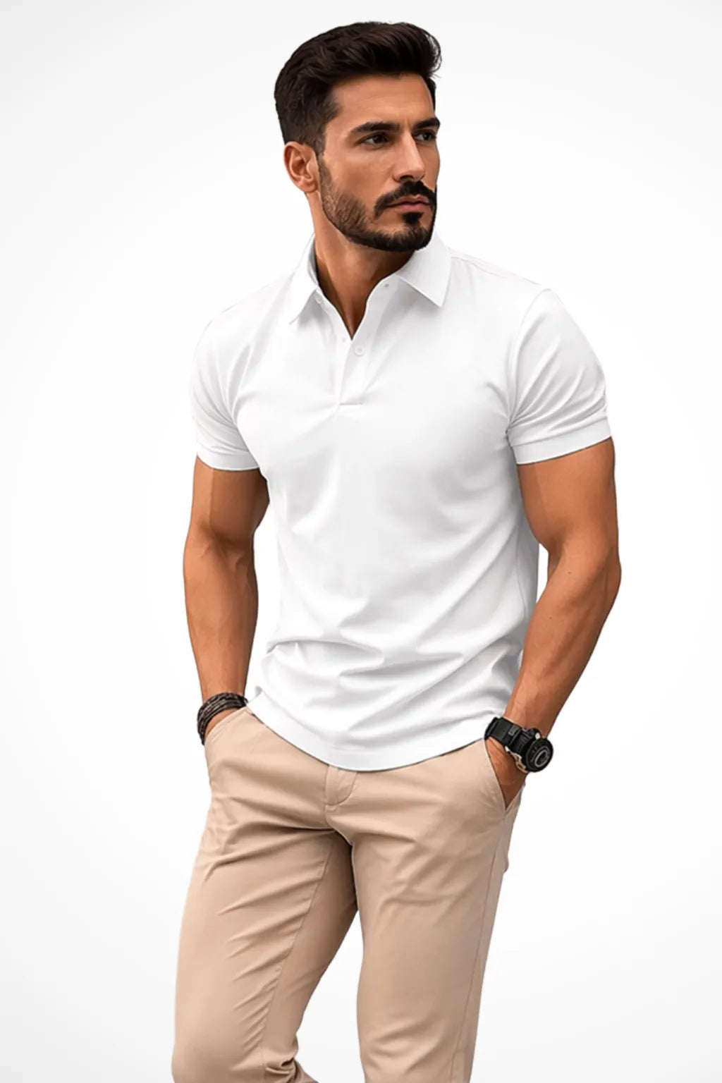 Front view of a man wearing a white muscle-fit short-sleeve polo shirt with classic collar and beige chinos