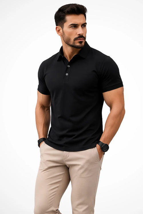 Side angle of a man in a black fitted short-sleeve polo shirt showing the button placket and collar detail