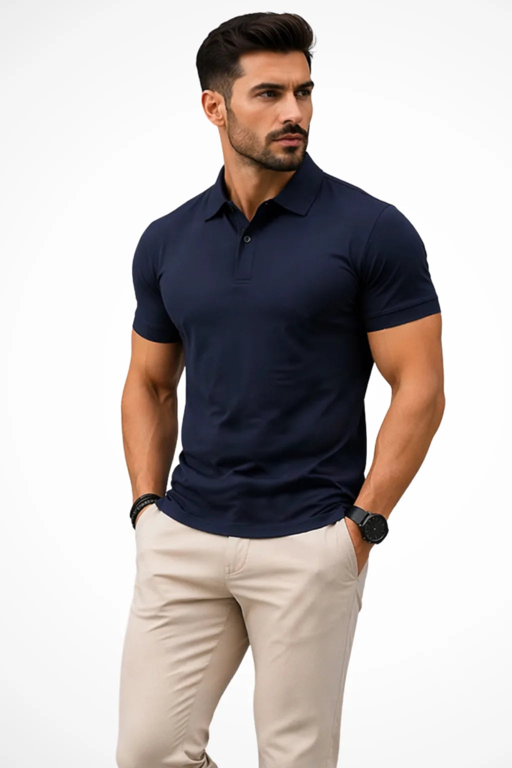 Three-quarter view of a man wearing a navy blue short-sleeve polo shirt with a structured fitted silhouette