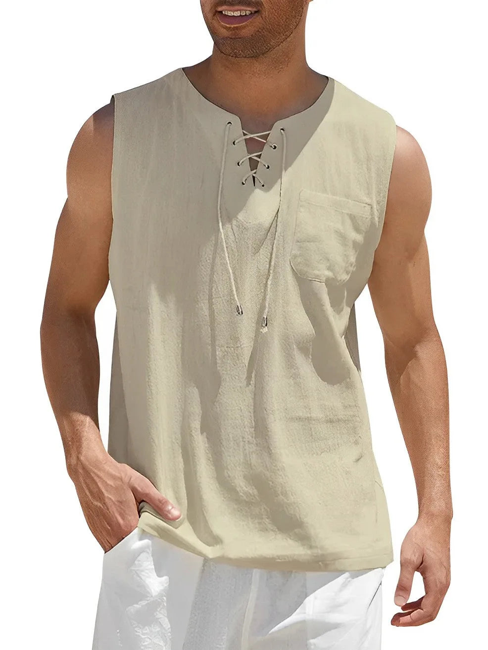 Side angle of the sleeveless top showing the dropped armhole and loose body fit