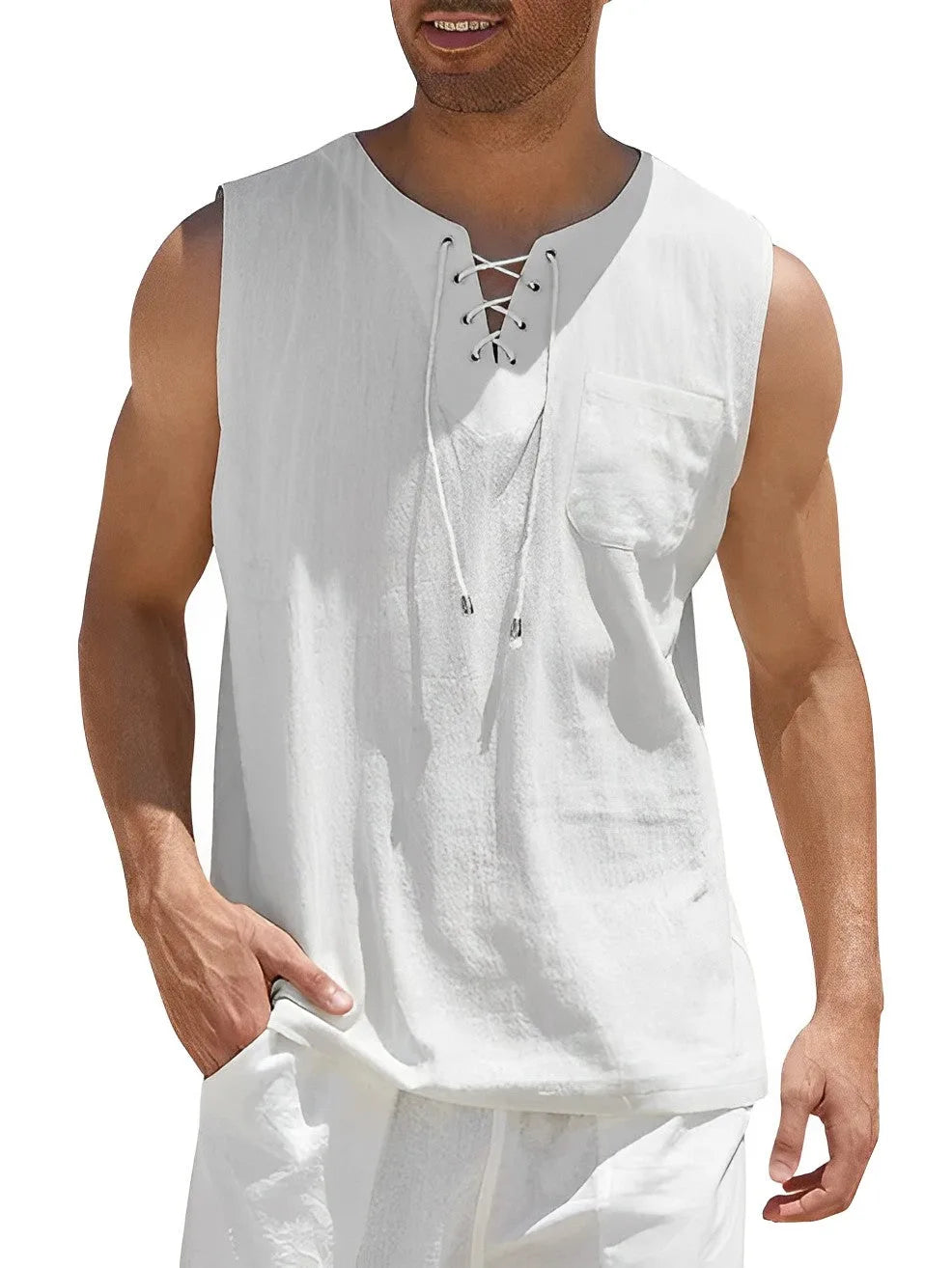 Full front view of the sleeveless top highlighting the chest pocket and drawstring ties